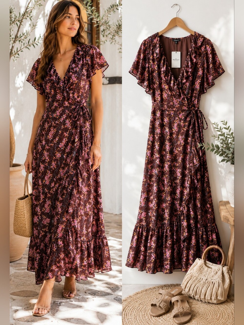 NWT Buffalo David Bitton Floral Wrap Maxi Dress S Boho Cottagecore Ruffle Modal